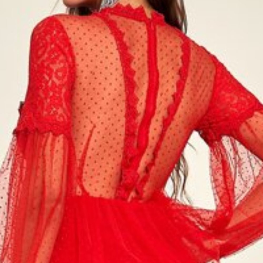 Be Mine Lantern Sleeve Guipure Lace Trim Mesh Dress RED - Picture 9 of 9